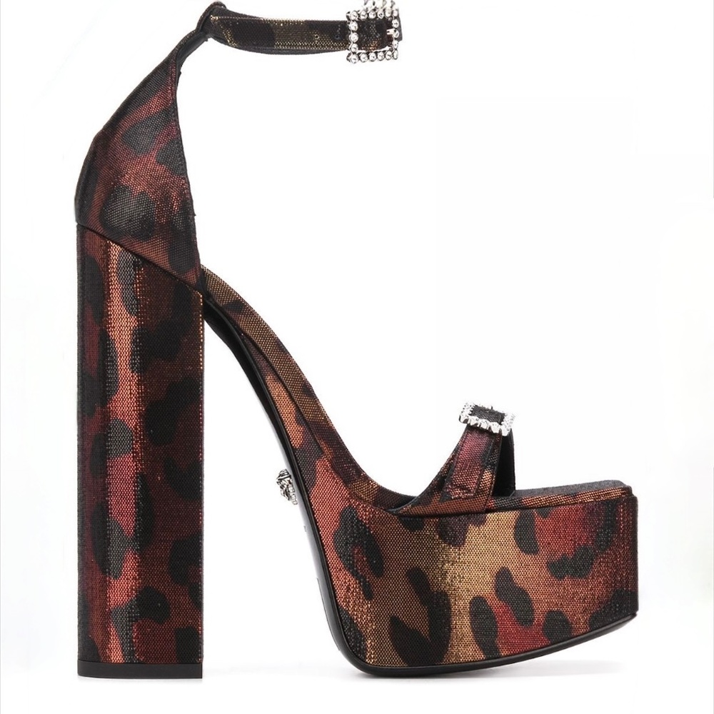 Versace Leopard Print Platform Heels in Brown, Black and Red